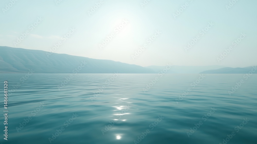 Obraz premium Serene, tranquil lake scene under a hazy sky.