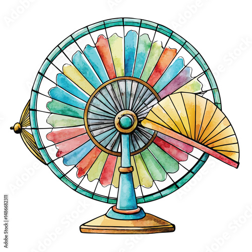 Watercolor Illustration of a Decorative Fan with a Colorful Wheel