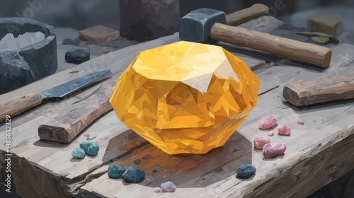A vibrant gemstone surrounded by tools and smaller stones ideal for themes of craftsmanship m