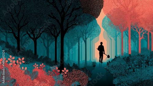 A Silhouette Walking Through a Colorful Forest with Vibrant Trees and Lush Vegetation Ideal fo
