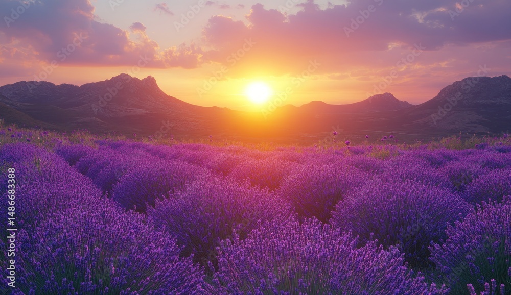 Sunset over a vast lavender field, mountain backdrop. Sunset over a vast lavender field, mountain backdrop.