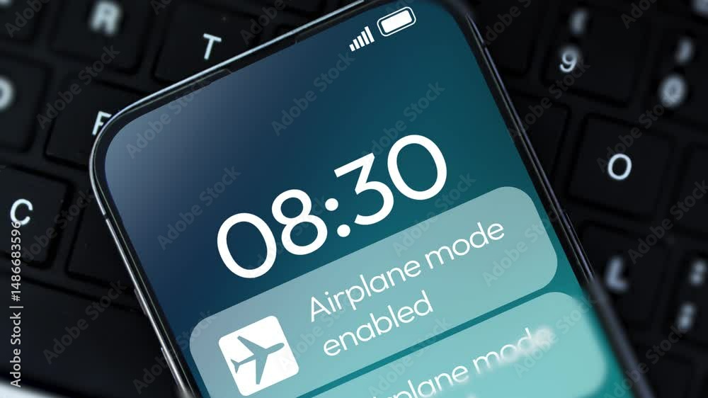 Airplane mode enabled notification on the smartphone screen 4k footage, close up. Do not disturb, no signals, airplane mode, internet.