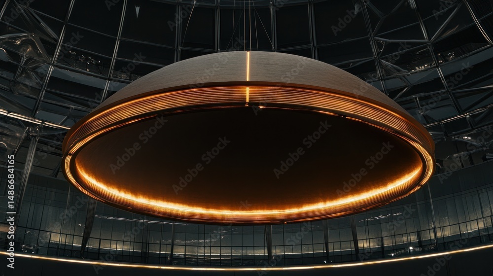 Obraz premium Modern round ceiling light fixture with warm golden illumination