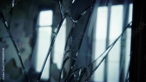 Shattered mirror reflects abandoned room interior revealing a forgotten past and broken memories