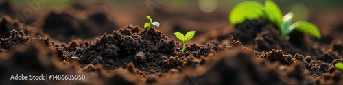 Close-up view of rich, dark soil with visible texture and organic matter, revealing the intricate structure and composition of healthy earth , nature, plant, nutrients