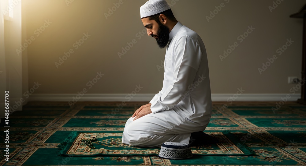 Fototapeta premium Man with white beard and white cap praying in his house a spiritual moment of connection with faith and religion indoors