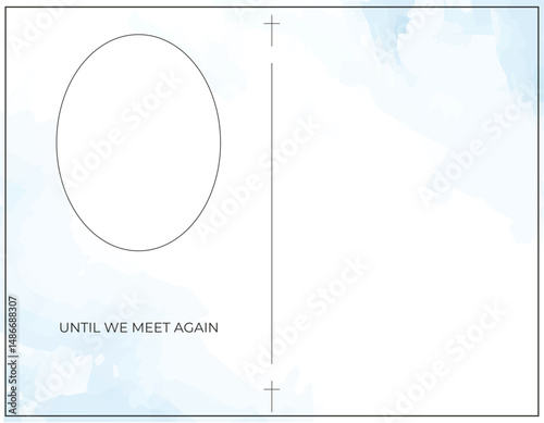 Funeral Empty card. Sky blue background. Aquarelle background. Frame of leaves. Church cross, photo space 
