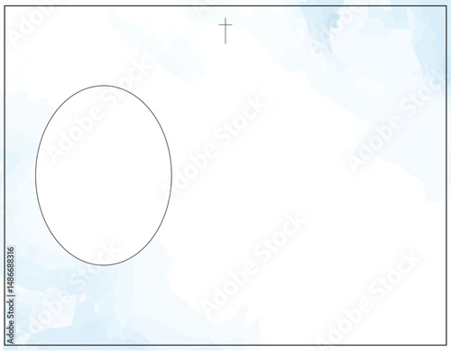 Funeral Empty card. Sky blue background. Aquarelle background. Frame of leaves. Church cross and big photo frame
