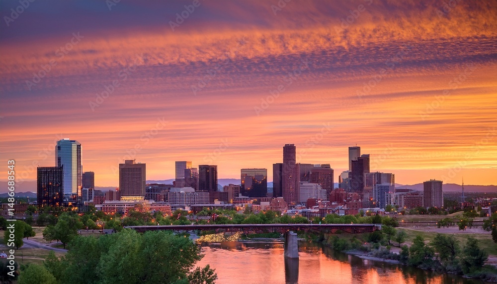 Fototapeta premium magical sunrise over denver soft orange and pink hues illuminate the skyline and river creating a serene and enchanting urban landscape at dawn
