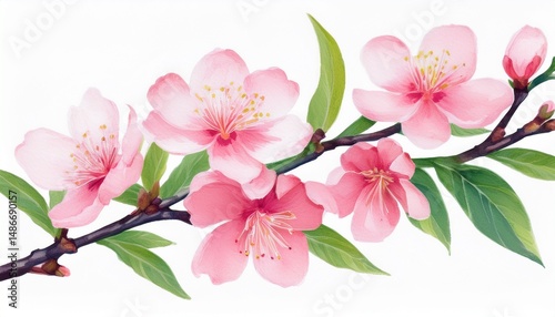 delicate watercolor painting of a peach blossom branch with pink flowers and green leaves isolated on white background