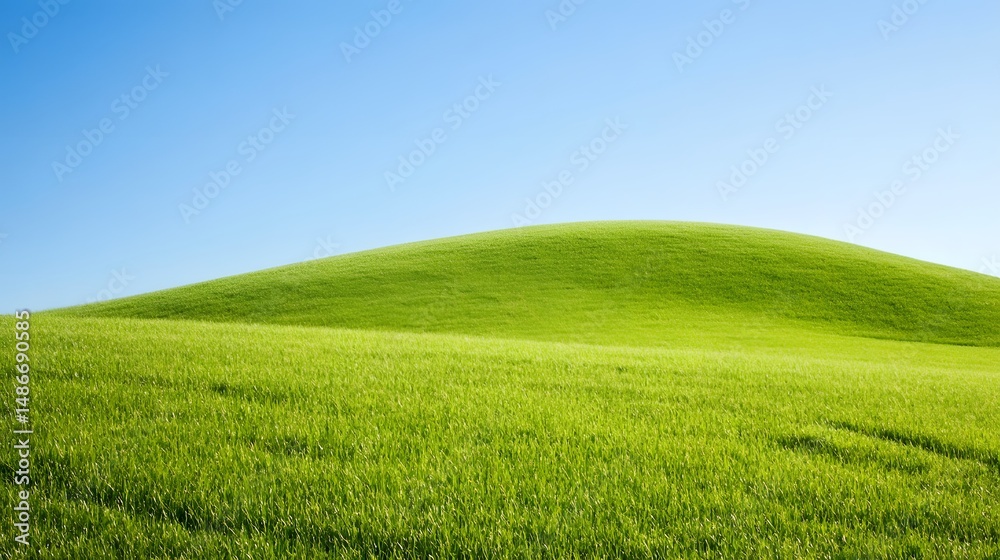 Fototapeta premium Serene Green Hill Landscape under Blue Sky, Nature Scenery, Grassy Field, Rolling Hills, Peaceful Meadow