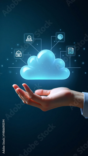 A hand holding up a glowing cloud with data icons, representing cloud computing and data storage.