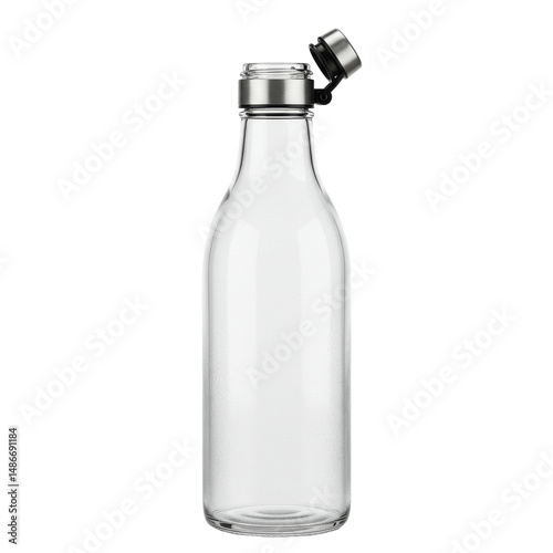 Clear glass bottle with a metal lid. It is shown on a black backdrop and well-lit
