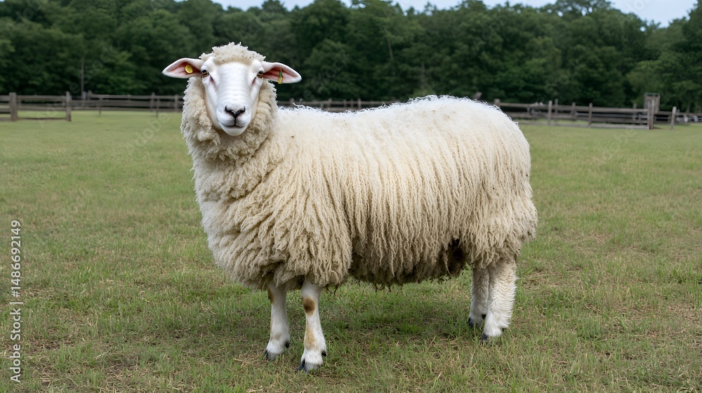 Fototapeta premium Fluffy Sheep in Green Pasture Farm Animal