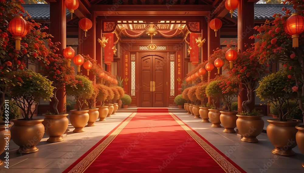 Obraz premium Serene Asian Entrance: Red Carpet Pathway to Chinese Mansion