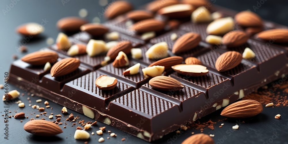 Rich chocolate bar with crunchy almonds surrounded by broken nuts and cocoa powder on a dark backdrop, perfect for dessert, snack, or sweet treat visuals
Rich chocolate bar with crunchy almonds surrounded by broken nuts and cocoa powder on a dark backdrop, perfect for dessert, snack, or sweet treat visuals