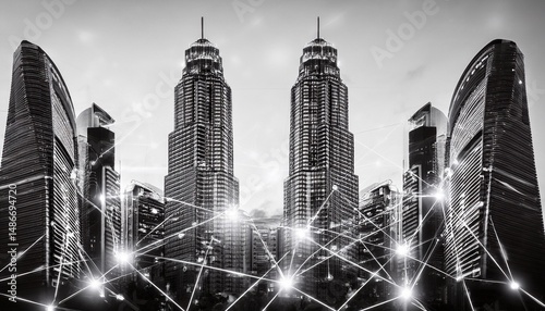 towering skyscrapers in black and white with illuminated connections between them symbolizing urban connectivity and future linkage