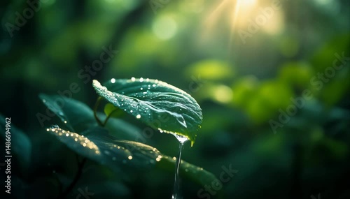 water drops on green leaf slow motion