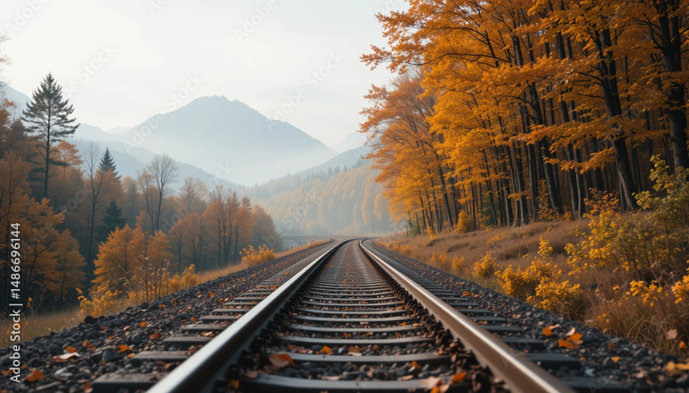 Fototapeta premium Autumn Railway Through the Forest