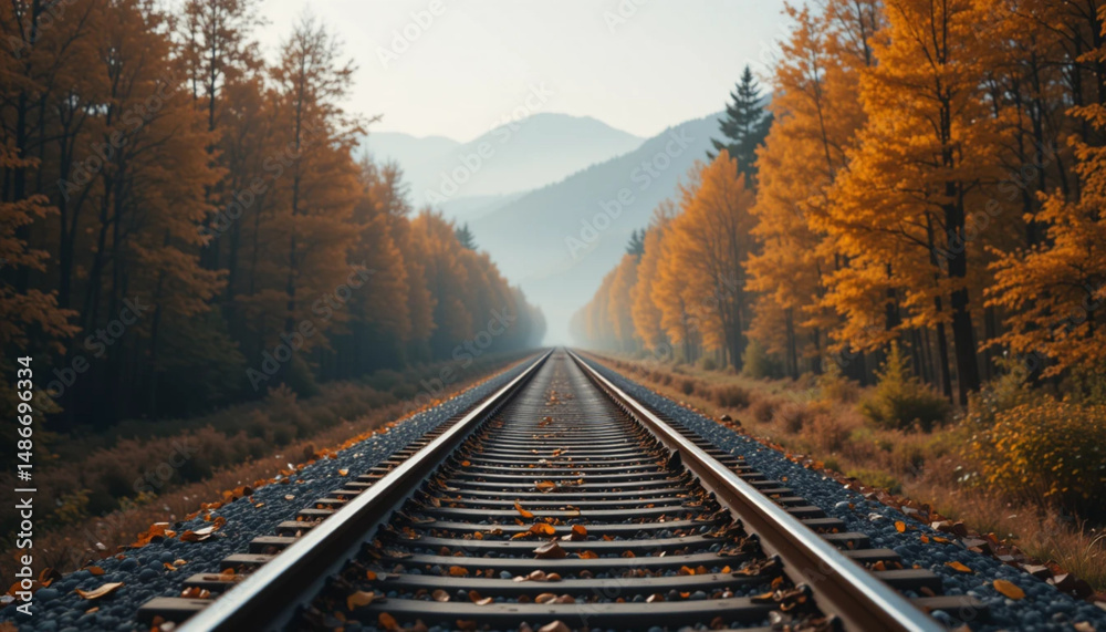 Fototapeta premium Autumn Railway Through the Forest