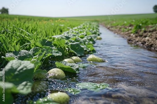 Green melon-like fruit in irrigation ditch