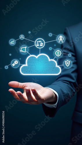 A hand holding the cloud computing graphic representing the cloud service. Digital transformation concept