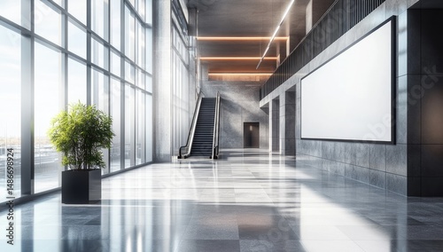Wallpaper Mural Modern lobby with large windows, escalator, and blank billboard Torontodigital.ca