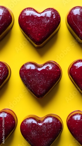 Red Heart Shaped Chocolates on Yellow Background Valentine's Day Sweets