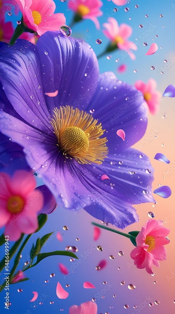 Obraz premium Close-up of vibrant purple and pink cosmos flowers with water droplets and petals in motion against a dreamy blue and peach gradient background, perfect for spring themes