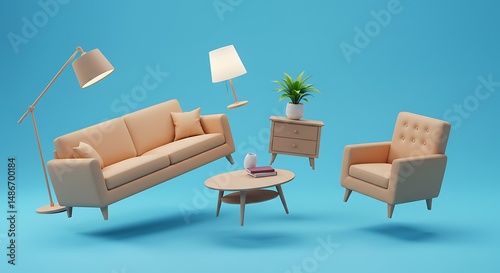 Living room furniture floating against a blue background, symbolizing creativity and home decor concepts. 3D rendering perfect for interior design or advertising visuals.
