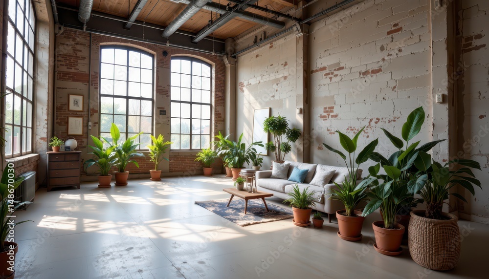 Obraz premium Bright and Airy Indoor Plant Decor in a Spacious Loft Living Room with Natural Light