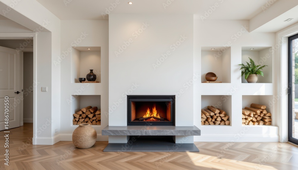 Fototapeta premium Modern minimalist living room with elegant fireplace and wooden accents for cozy atmosphere