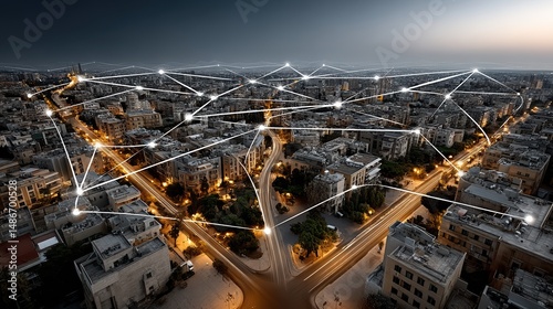 Digital connectivity: aerial view of city with glowing network lines at night