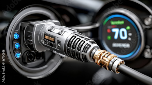 Futuristic electric vehicle charging port with digital display showing power level and advanced technology design
