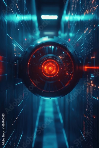 Red and blue glowing orb in dark corridor with neon lights and sci-fi aesthetics, surveillance camera and future concept