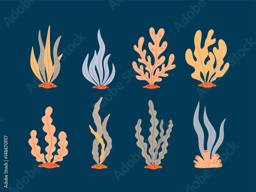 Stylized Aquatic Plants with Varied Shapes and Colors on Dark Background.