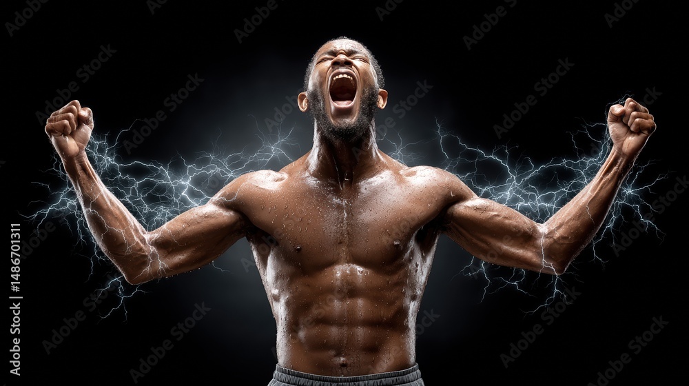 Obraz premium Strong athlete celebrating victory with energy and strength in electrifying lightning scene, sport and power concept