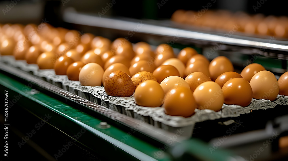 Fresh brown eggs on a green conveyor belt in a factory setting, Fresh brown eggs on a green conveyor belt in a factory setting,