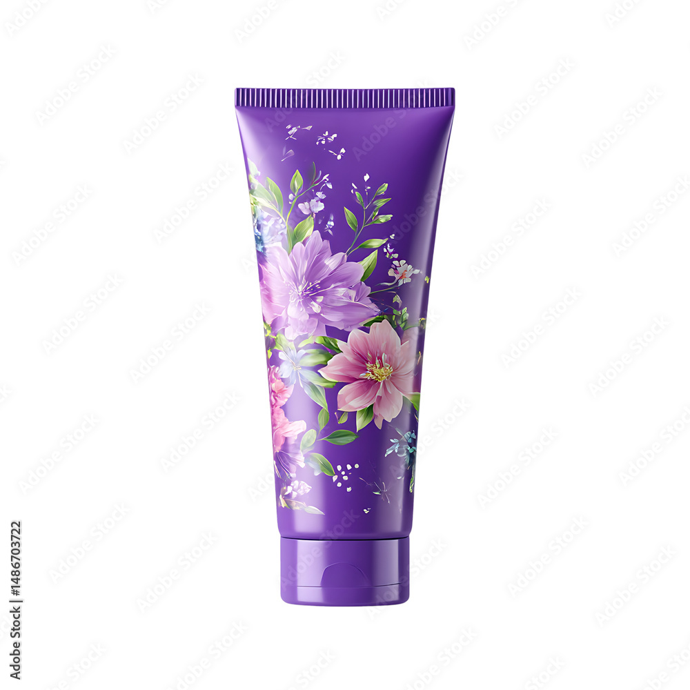 Fototapeta premium A purple cosmetic tube with floral designs in transparent background