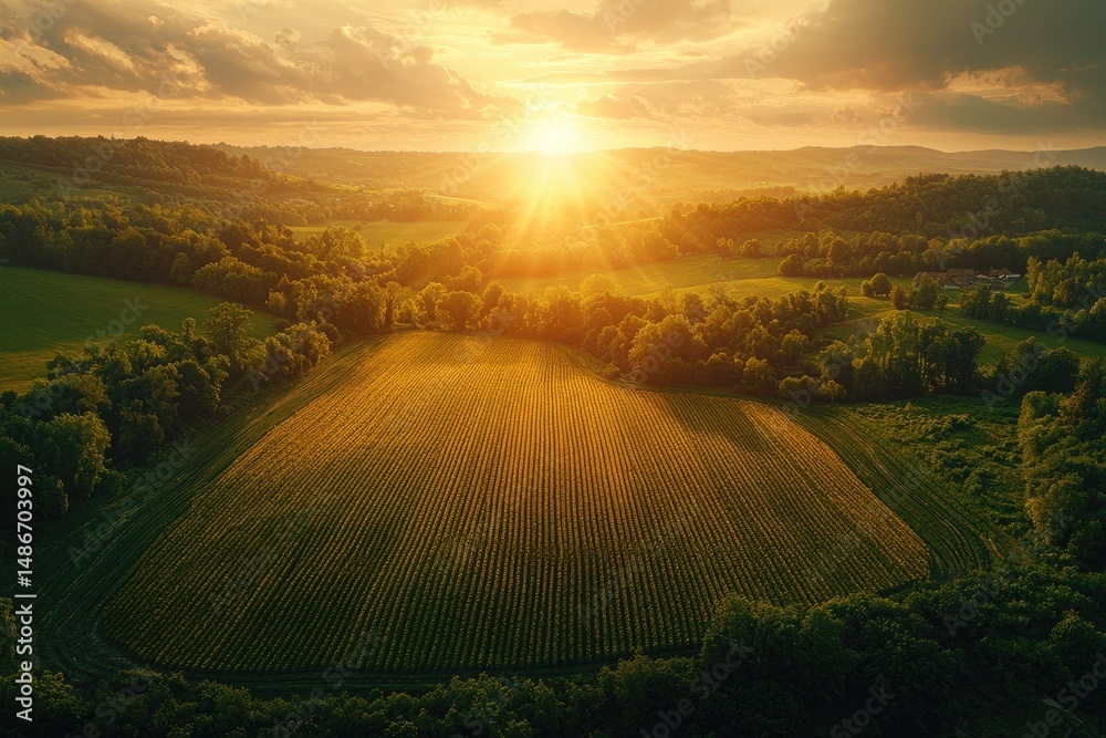 Obraz premium Expansive rural landscape at golden sunset.