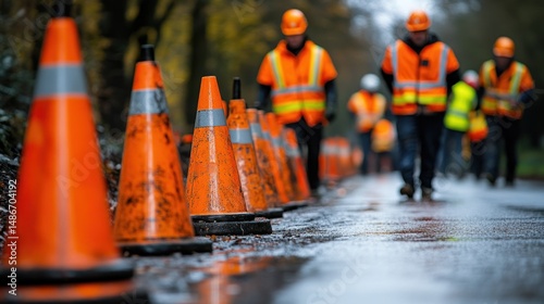 Rainy Day Construction: Workers and Cones on a Wet Road