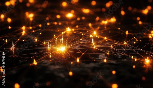 Abstract network of glowing points connected by lines on a dark surface
