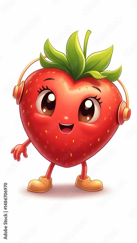Fototapeta premium Cartoon strawberry character with headphones, standing on white background, simple, cute and vibrant