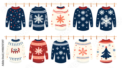 Festive Christmas Ugly Sweater Party with Snowflakes, Trees, and Decorations