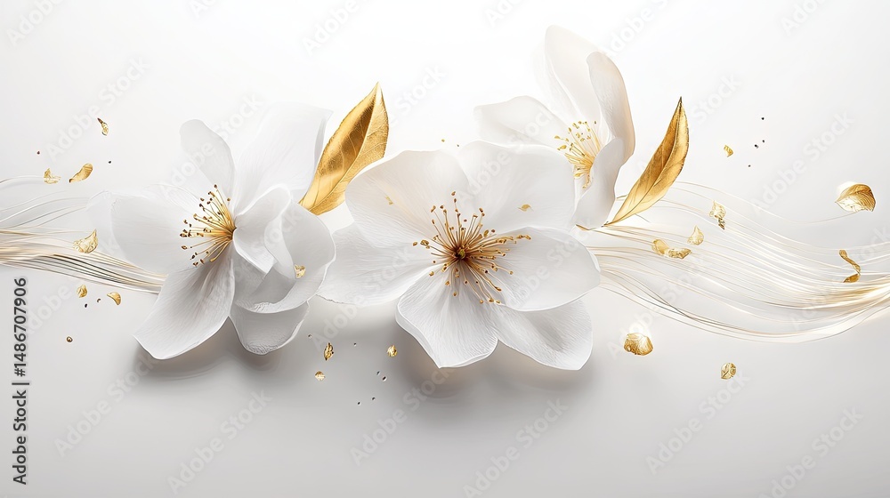 Fototapeta premium Elegant white blossoms with gold accents and flowing liquid design.