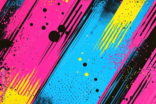 Vibrant diagonal stripes, dynamic paint splatter design