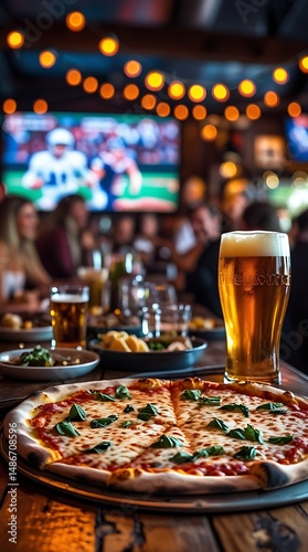 Delicious pizza and cold beer on a wooden table in lively sports bar with people watching football game on big screens under warm bistro lights, perfect for food and lifestyle scenes

