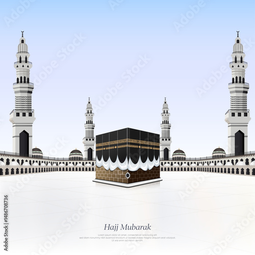 Kaaba and minarets vector Greeting card with Arabic Translations: (Eid Mubarak) 