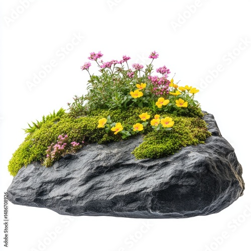 A decorative rock planter filled with flowering plants and moss