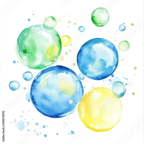 Playful, colorful bubbles in watercolor style.  Clusters of diverse-hued bubbles,  light and airy